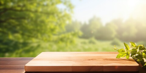 Wooden cutting board on table against natural background.