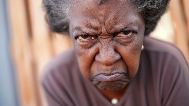 Angry belligerent black senior woman looking at the camera