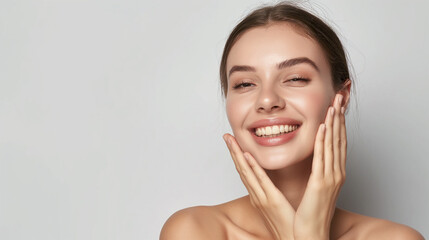 Beautiful Woman with Perfect Skin Touching Her Skin After A Treatment. Dermatology, Spa, Skin Care Concept