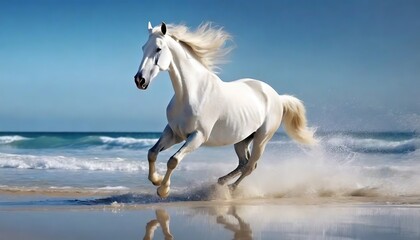 Naklejka na ściany i meble Majestic White Horse Galloping by the Sea. A powerful white horse gallops along the shoreline with splashing waves, embodying freedom and strength
