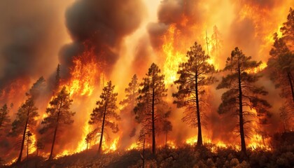 Intense Wildfire Engulfing a Pine Forest at Daytime. Flames fiercely consume pine trees, sending plumes of smoke into the sky, reflecting the severity of forest fires