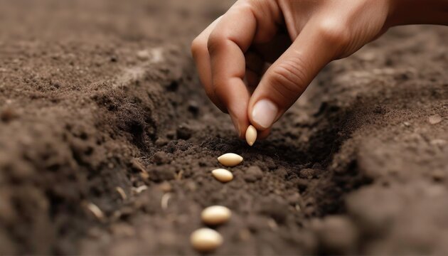 Planting Seeds of Future Harvests. A close-up image of fingers placing seeds in fertile soil, symbolizing the beginning of a growth cycle