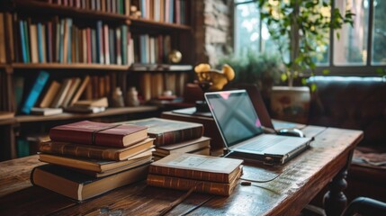cozy workspace where you can study with Comparison Book and laptop learning, digital methods, classic texts, online resources, manual notes, digital note-taking, paper textbooks, on the table,