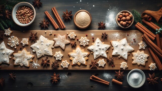  a wooden cutting board topped with cut out snowflakes next to cinnamon sticks and star anisette cookies. © Anna