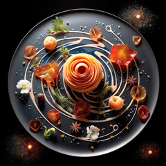 amazing decorated dish in asterism style, Cooking concept, haute cuisine