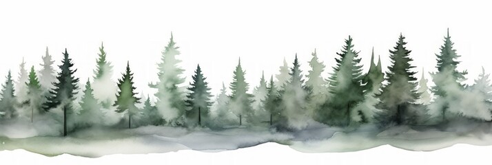 Dark Green and Light Gray Watercolor Yew Tree Line on White Background Generative AI