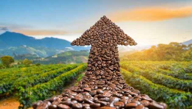 seta feita de grãos de café, apontando para o alto, conceito crescimento, agro