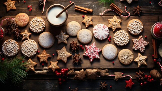  a wooden table topped with cookies and cookies next to a cup of milk and a christmas decoration on top of it.