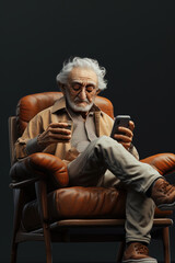Digital Leisure: Elderly Gentleman Relaxing with Smartphone and Beverage