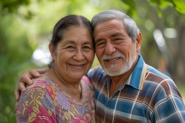 Happy smiling Hispanic senior couple looking at the camera.
