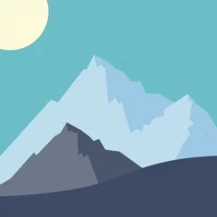 Fotobehang Collection of abstract landscapes. Sun, mountains, moon, trees, Japanese style, Sunset. Modern layouts, trendy colors. Vector illustration.   © Zilio