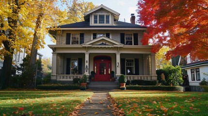 Large American beautiful house with red door.