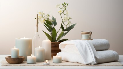  towels, candles, and a bottle of wine sit on a table with a vase of flowers in the background.