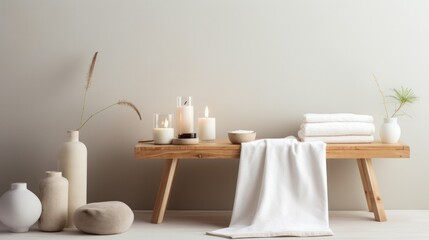 a wooden table topped with candles and vases next to a table with a white blanket on top of it.