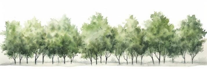 Watercolor Cottonwood Tree Line on White Background Generative AI - obrazy, fototapety, plakaty