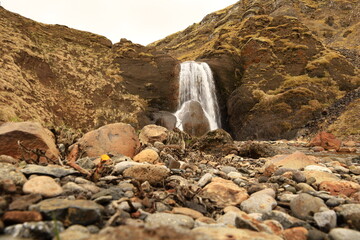 Helgufoss is a waterfall near the capital of Iceland, located in Mosfellsdalur valley