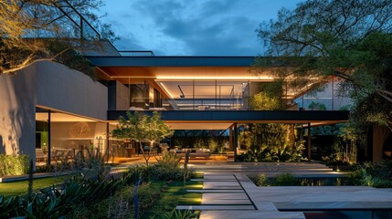 Modern house with garden at night