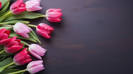  a bouquet of pink and white tulips on a black background with a place for a text or image.