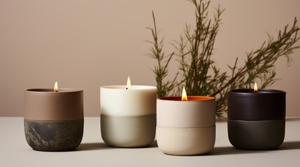  a group of three candles sitting on top of a table next to a vase with a plant inside of it.