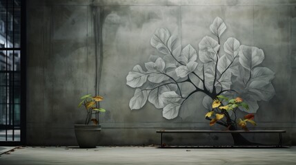  a painting of a tree and a bench in front of a wall with a painting of a leafy tree on it.