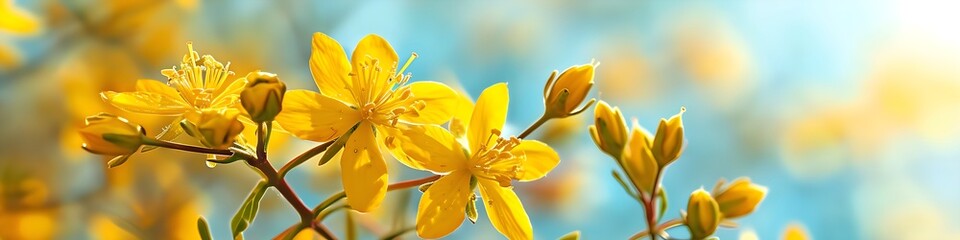 Yellow flower St Johns wort (Hypericum perforatum) with blue sky in the background, close-up, panorama banner