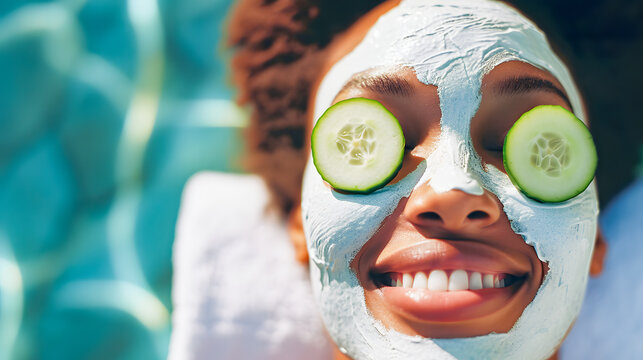 portrait of a afro american female model with care mask on the face and cucumber slices on her eyes