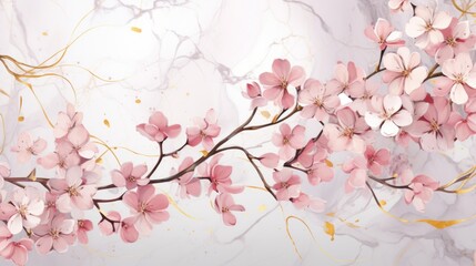  a painting of a branch with pink flowers on a white and gold marbled background with a gold line in the middle of the branch.