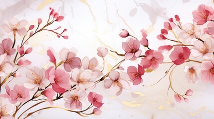  a close up of a painting of pink flowers on a white background with a gold leaf design on the left side of the frame.