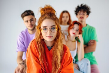 Young redhead woman with eyeglasses sitting amidst friends over white background