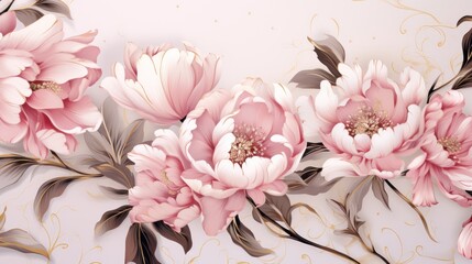  a painting of pink flowers and leaves on a white background with a gold leafy design on the left side of the frame.