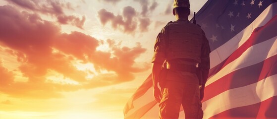 Soldier and USA flag on sunrise background .Concept National holidays , Flag Day, Veterans Day, Memorial Day, Independence Day, Patriot Day. - obrazy, fototapety, plakaty