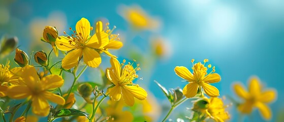 Yellow flower St Johns wort (Hypericum perforatum) with blue sky in the background, close-up - obrazy, fototapety, plakaty