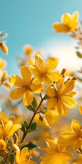 Fototapeta premium Yellow flower St Johns wort (Hypericum perforatum) with blue sky in the background, close-up