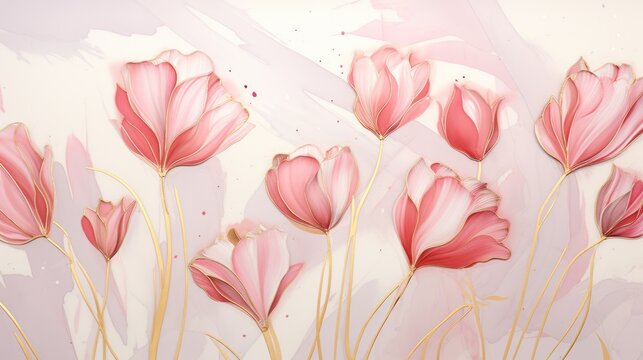  a painting of pink flowers on a white and pink background with a gold line in the middle of the painting.
