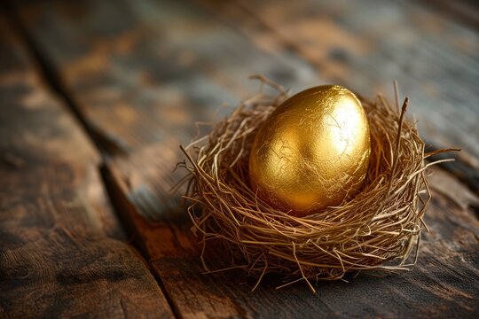 Golden nest on wood: Captivating investment concept as a golden nest egg takes center stage on a rustic wooden table, symbolizing financial security and growth.