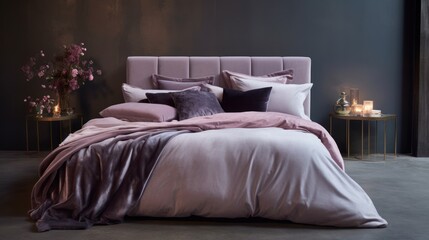  a bed with a pink comforter, pillows, and a vase of flowers on the side of the bed.