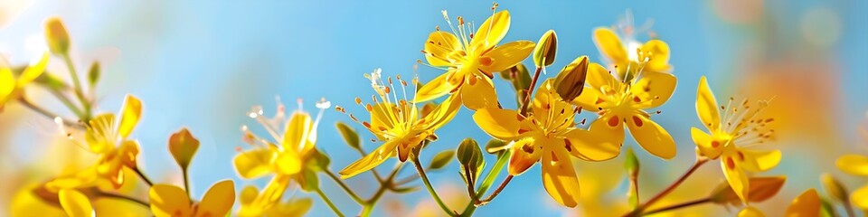 Yellow flower St Johns wort (Hypericum perforatum) with blue sky in the background, close-up