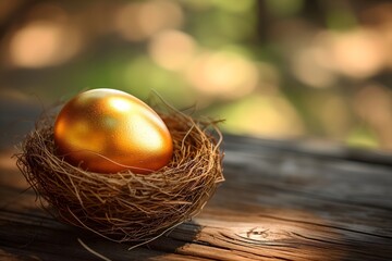 Investment elegance: A golden nest egg gleams on a rustic wooden table, crafting a visual narrative of financial growth and wealth on a textured background.