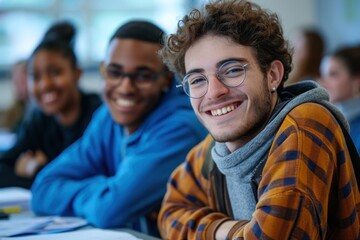 Smiling multi-ethnic friends sitting at desk in ed training class