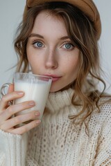Woman tasting plant milk against white background