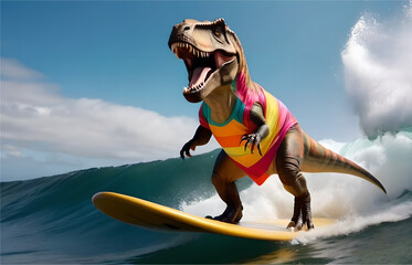t rex dinosaur surfing, multicolored  - obrazy, fototapety, plakaty