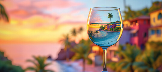 Spanish landscape in the wine glass. Concept of spanish holidays, tradition and culture. Spain - 718333122