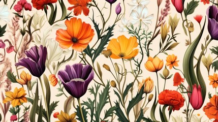  a picture of a bunch of flowers on a white background with orange, red, and purple flowers on it.