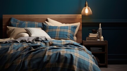  a bed with a plaid comforter and pillows in a room with a lamp on the side of the bed.