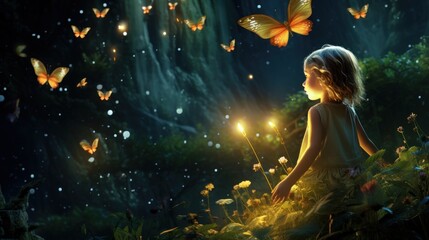 Obraz na płótnie Canvas Young girl in enchanted forest with butterflies and magical lights. Fantasy and imagination.