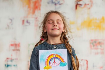 Girl with eyes closed showing rainbow and peace symbol drawing on paper against white background