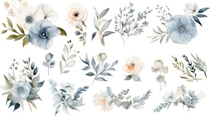  a set of watercolor flowers and leaves on a white background with a place for a text or a picture.