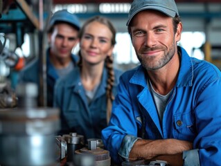 Fototapeta na wymiar Smiling metal worker with trainees at factory