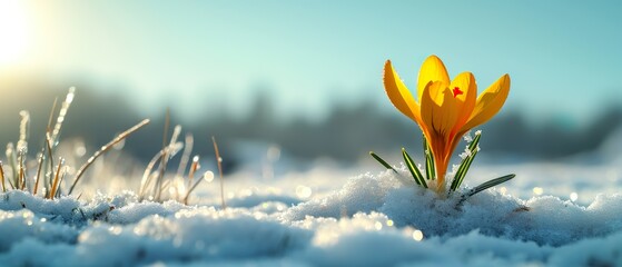 yellow crocus in snow with clear blue sky, Spring is coming, new beginning, background banner with copy space for web and greeting cards - obrazy, fototapety, plakaty
