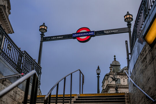 Piccadilly Circus underground station sign in London, England